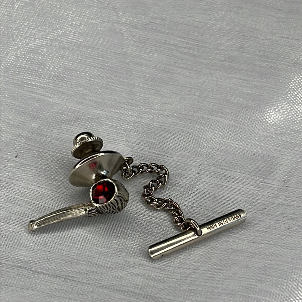 Vintage Smoking Pipe Tie Tack Silvertone Red Stone